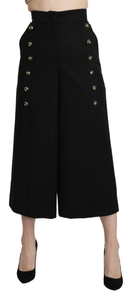 Dolce & Gabbana Black Wide Wool Leg Cropped Trouser Pant Dolce & Gabbana Black Wide Wool Leg Cropped Trouser Pant