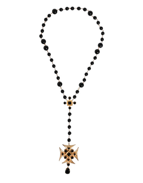 Gold Tone Brass Cross Black Beaded Chain Rosary Necklace Gold Tone Brass Cross Black Beaded Chain Rosary Necklace