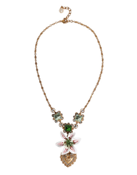 Dolce & Gabbana Gold Brass Lily Crystal Sacred Heart Pendant Necklace Dolce & Gabbana Gold Brass Lily Crystal Sacred Heart Pendant Necklace