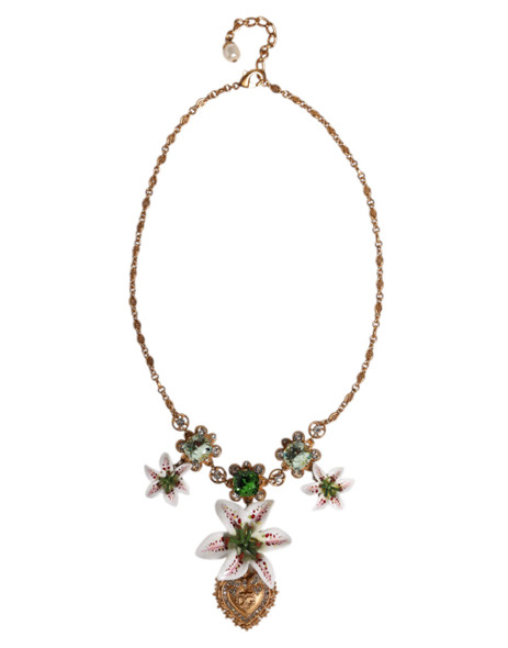Dolce & Gabbana Gold Brass Lily Crystal Sacred Heart Pendant Necklace SMY10543 Dolce & Gabbana Gold Brass Lily Crystal Sacred Heart Pendant Necklace SMY10543
