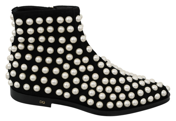 Dolce & Gabbana Black Suede Pearl Studs Boots Shoes Dolce & Gabbana Black Suede Pearl Studs Boots Shoes