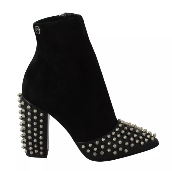 Philipp Plein Black Suede Studded Heels Ankle Boots Shoes Philipp Plein Black Suede Studded Heels Ankle Boots Shoes