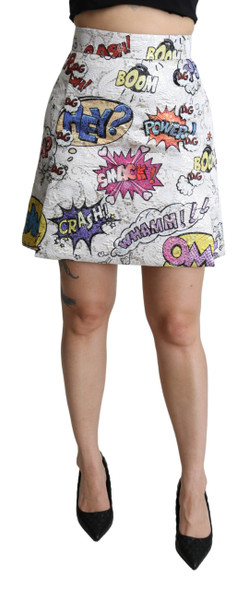 Dolce & Gabbana White Cartoon Brocade A-line High Waist Skirt Dolce & Gabbana White Cartoon Brocade A-line High Waist Skirt