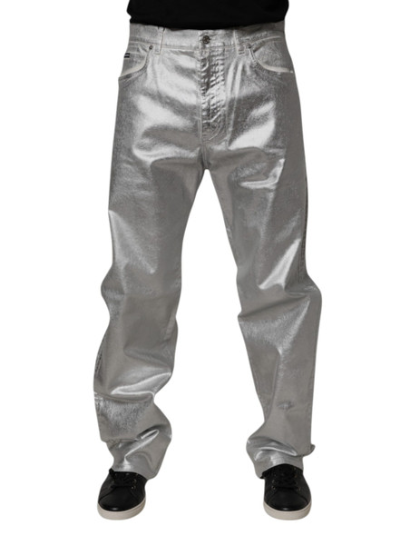 Metallic Silver Cotton Straight Denim Jeans Metallic Silver Cotton Straight Denim Jeans