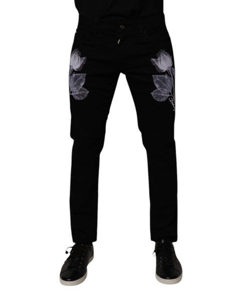 Dolce & Gabbana Black Floral Cotton Skinny Men Denim Jeans Dolce & Gabbana Black Floral Cotton Skinny Men Denim Jeans