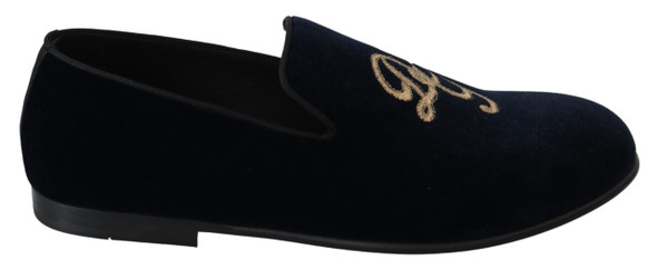 Dolce & Gabbana Blue Velvet Gold Logo Slipper Loafers Shoes Dolce & Gabbana Blue Velvet Gold Logo Slipper Loafers Shoes