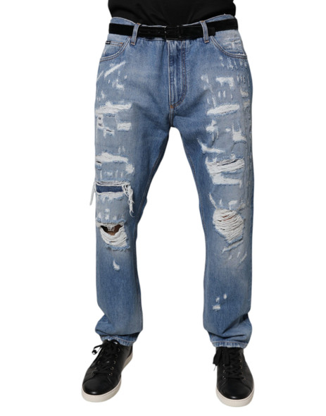 Blue Tattered Straight Cotton Denim Jeans Blue Tattered Straight Cotton Denim Jeans