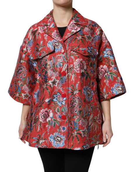 Red Floral Jacquard Button Down Coat Jacket Red Floral Jacquard Button Down Coat Jacket