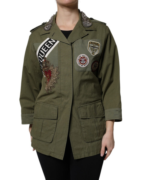 Dolce & Gabbana Military Green Queen Embellished Coat Jacket Dolce & Gabbana Military Green Queen Embellished Coat Jacket