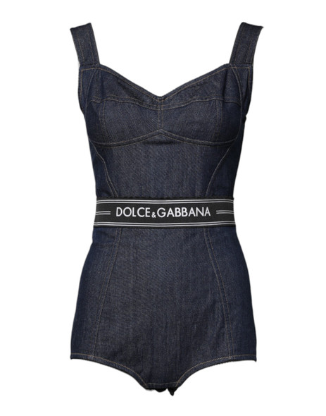 Blue Cotton Stretch Sleeveless Bodycon Denim Bodysuit Blue Cotton Stretch Sleeveless Bodycon Denim Bodysuit