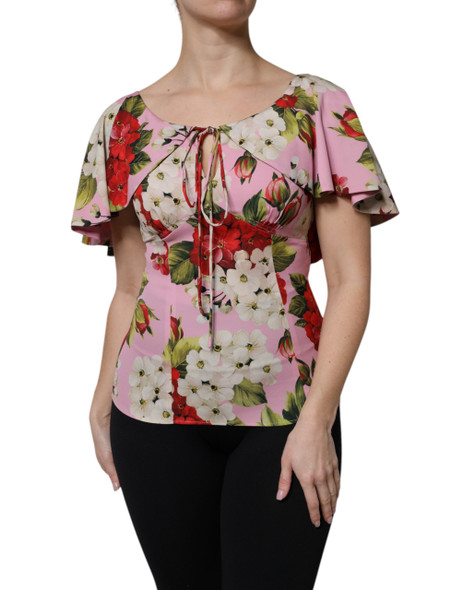 Pink Floral Silk Short Sleeves Blouse Top Pink Floral Silk Short Sleeves Blouse Top