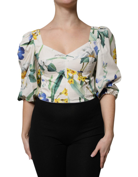 White Floral Puff Sleeves Crop Blouse Top White Floral Puff Sleeves Crop Blouse Top