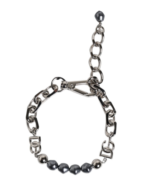 Silver Tone Chain Lobster Clasp Logo Gray Pearls Bracelet Silver Tone Chain Lobster Clasp Logo Gray Pearls Bracelet