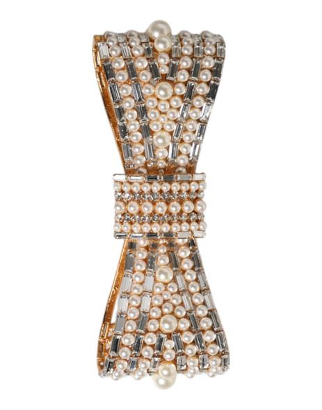 Dolce & Gabbana Gold Tone Brass Bow Crystal FauxPearl Embellished Brooch SMY10433 Dolce & Gabbana Gold Tone Brass Bow Crystal FauxPearl Embellished Brooch SMY10433