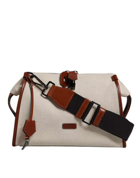 Beige Brown Cotton Leather Duffle Shoulder Bag Beige Brown Cotton Leather Duffle Shoulder Bag