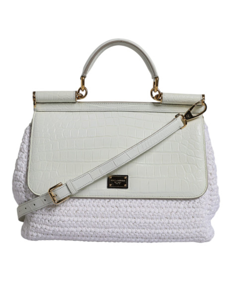 White Rafia Leather Top Handle Crossbody Bag White Rafia Leather Top Handle Crossbody Bag