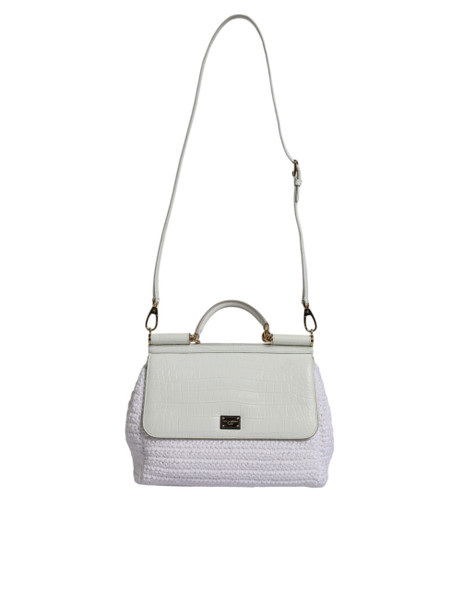 White Rafia Leather Top Handle Crossbody Bag White Rafia Leather Top Handle Crossbody Bag