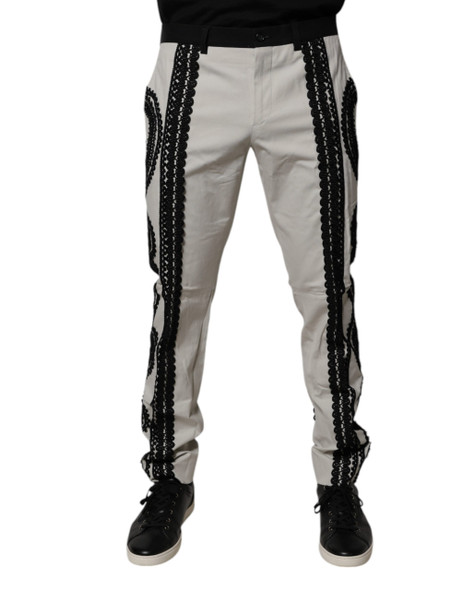 Dolce & Gabbana White Lace Trim Mid Waist Dress Formal Pants Dolce & Gabbana White Lace Trim Mid Waist Dress Formal Pants