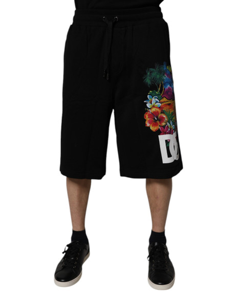 Black Cotton Logo Floral Print Bermuda Shorts Black Cotton Logo Floral Print Bermuda Shorts