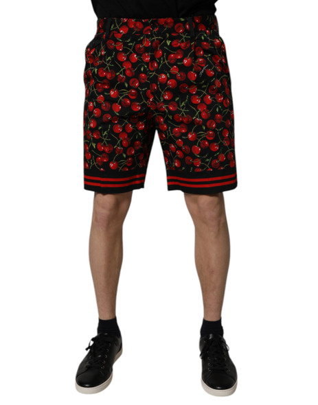 Black Red Cherry Print Bermuda Cotton Shorts Black Red Cherry Print Bermuda Cotton Shorts