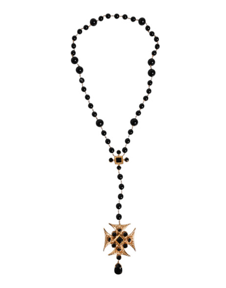 Gold Brass Black Beaded Chain Rosary Pendant Necklace Gold Brass Black Beaded Chain Rosary Pendant Necklace