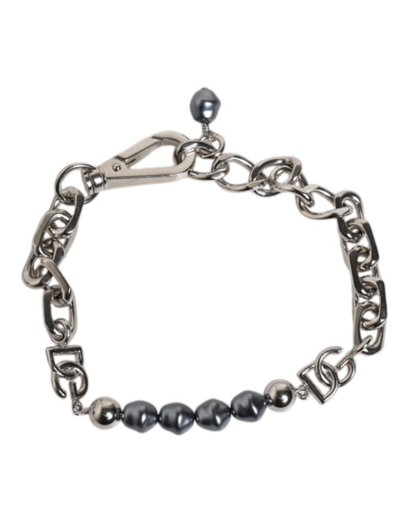 Silver Tone Chain Lobster Clasp Logo Gray Pearls Bracelet SMY101340 Silver Tone Chain Lobster Clasp Logo Gray Pearls Bracelet SMY101340