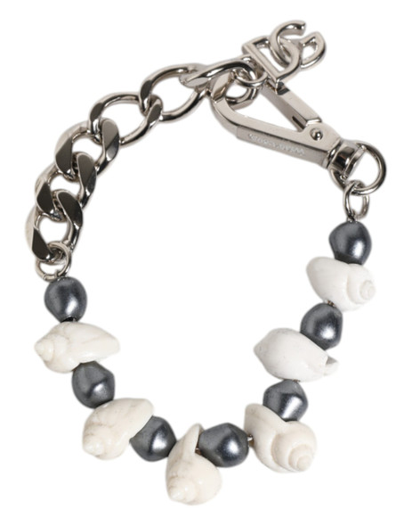 Silver Tone Brass Beaded Shell DG Logo Pendant Bracelet Silver Tone Brass Beaded Shell DG Logo Pendant Bracelet