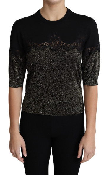 Black Shiny Lurex Lace Insert Pullover Top Black Shiny Lurex Lace Insert Pullover Top