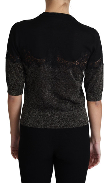 Black Shiny Lurex Lace Insert Pullover Top Black Shiny Lurex Lace Insert Pullover Top