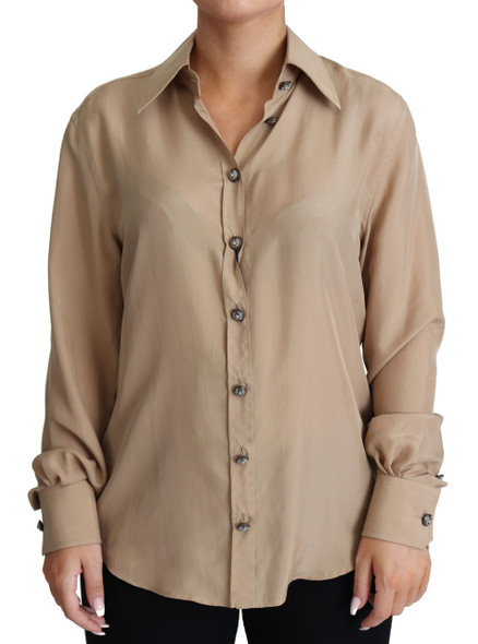 Beige Silk Shirt Decorative Buttons Top Beige Silk Shirt Decorative Buttons Top