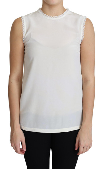 White Blouse Silk Lace Trimmed Sleeveless Top White Blouse Silk Lace Trimmed Sleeveless Top
