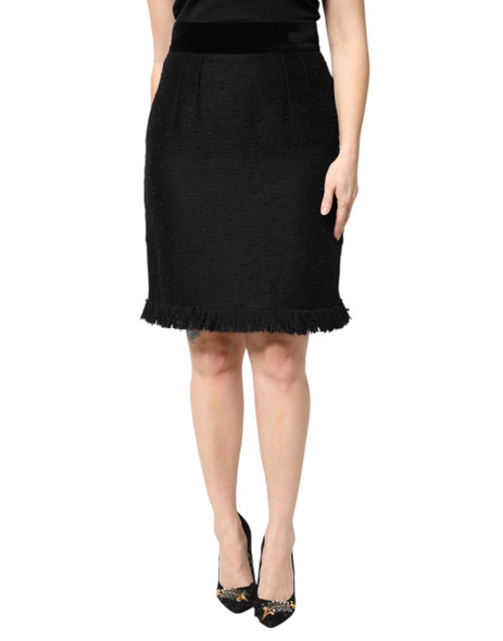Dolce & Gabbana Black Wool Fringe High Waist Pencil Mini Skirt Dolce & Gabbana Black Wool Fringe High Waist Pencil Mini Skirt