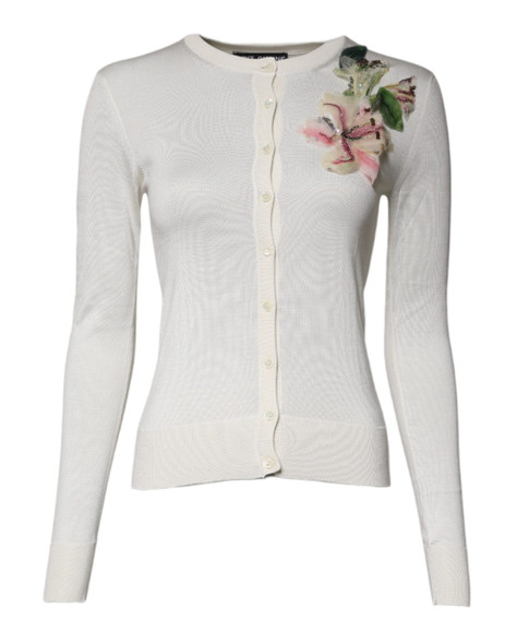 Cream Floral Silk Embellished Cardigan Sweater Cream Floral Silk Embellished Cardigan Sweater