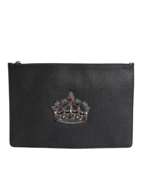 Dolce & Gabbana Black Calfskin Crown Embellished Clutch Pouch Bag Dolce & Gabbana Black Calfskin Crown Embellished Clutch Pouch Bag
