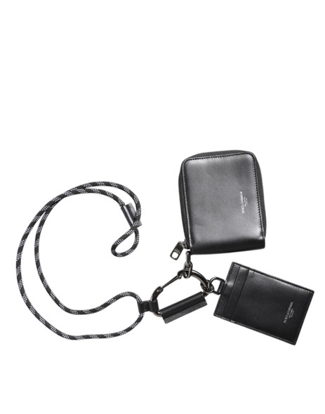 Dolce & Gabbana Black Leather Lanyard Zip Around Card Holder Wallet Dolce & Gabbana Black Leather Lanyard Zip Around Card Holder Wallet