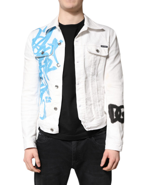 Dolce & Gabbana White Graffiti Cotton Stretch Denim Jacket Dolce & Gabbana White Graffiti Cotton Stretch Denim Jacket