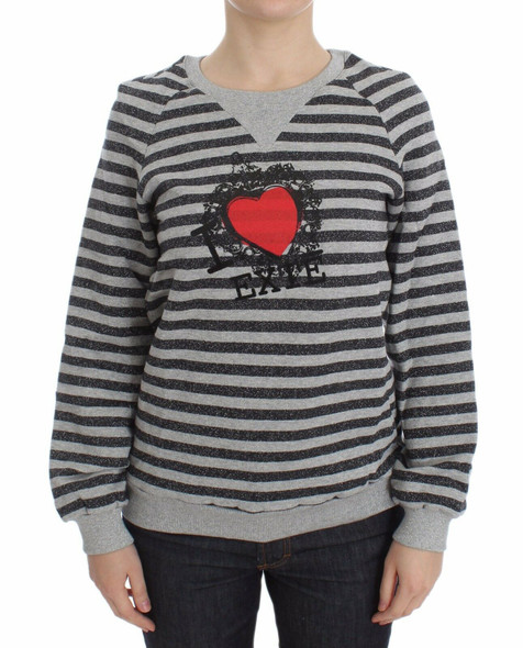 Exte Gray Striped Cotton Crewneck Sweater Exte Gray Striped Cotton Crewneck Sweater