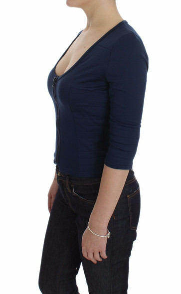 Exte Blue Cotton Top Zipper Deep Crew-neck Sweater Exte Blue Cotton Top Zipper Deep Crew-neck Sweater