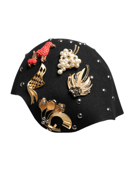 Dolce & Gabbana Black Wool Multicolor Embellished Cloche Hat Dolce & Gabbana Black Wool Multicolor Embellished Cloche Hat