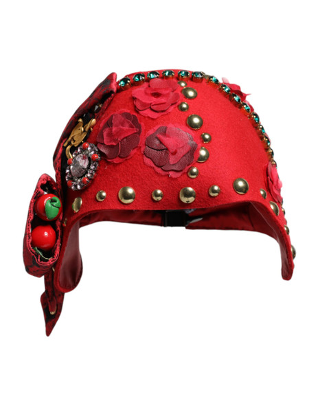 Dolce & Gabbana Red Crystal Gold Roses Brooch Embellished Hat HAT9653 Dolce & Gabbana Red Crystal Gold Roses Brooch Embellished Hat HAT9653