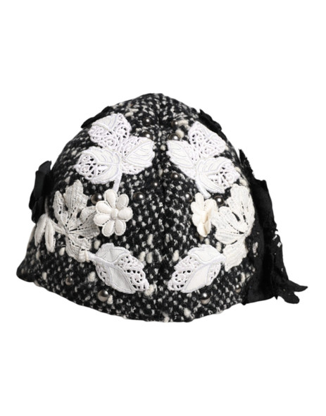 Dolce & Gabbana Black Wool White Floral Embellished Cloche Hat HAT9672 Dolce & Gabbana Black Wool White Floral Embellished Cloche Hat HAT9672