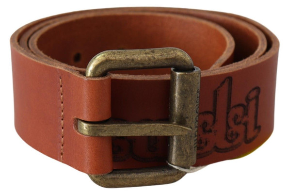 Brown Leather Logo Bronze Rustic Metal Buckle Belt Brown Leather Logo Bronze Rustic Metal Buckle Belt