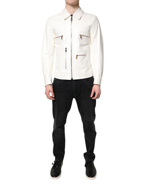 Dolce & Gabbana White Collared Full Zip Biker Coat Jacket Dolce & Gabbana White Collared Full Zip Biker Coat Jacket