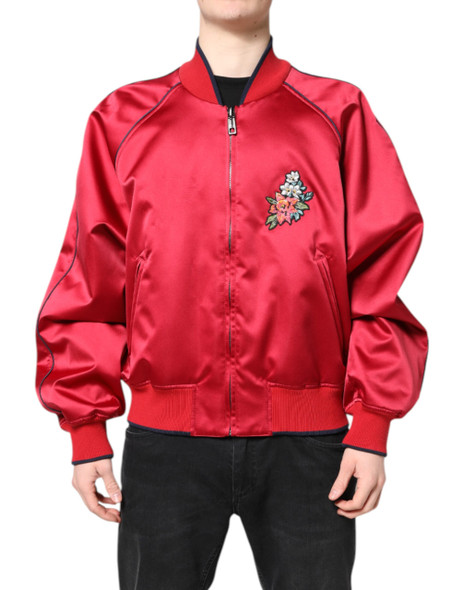 Dolce & Gabbana Red Floral Patch Full Zip Men Bomber Jacket Dolce & Gabbana Red Floral Patch Full Zip Men Bomber Jacket