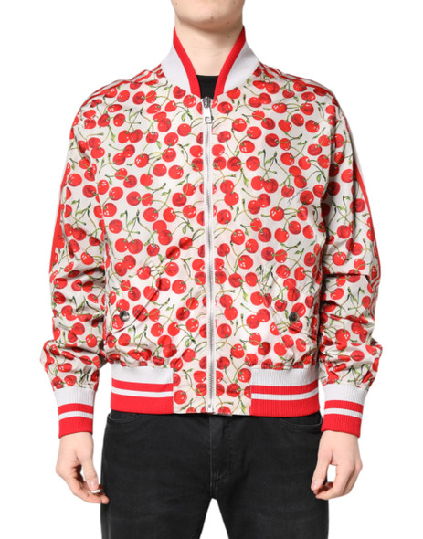 Dolce & Gabbana White Cherry Print Full Zip Bomber Jacket Dolce & Gabbana White Cherry Print Full Zip Bomber Jacket