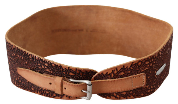 Brown Wide Leather Embroidered Design Logo Belt Brown Wide Leather Embroidered Design Logo Belt