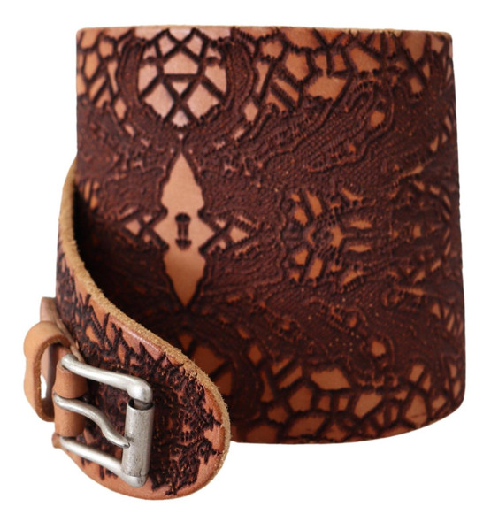 Brown Wide Leather Embroidered Design Logo Belt Brown Wide Leather Embroidered Design Logo Belt