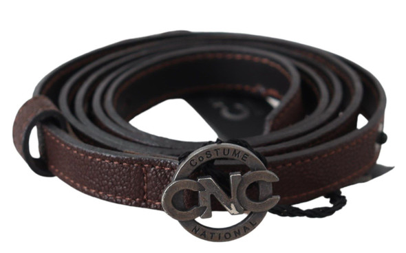 Brown Skinny Leather Round Logo Buckle Belt Brown Skinny Leather Round Logo Buckle Belt