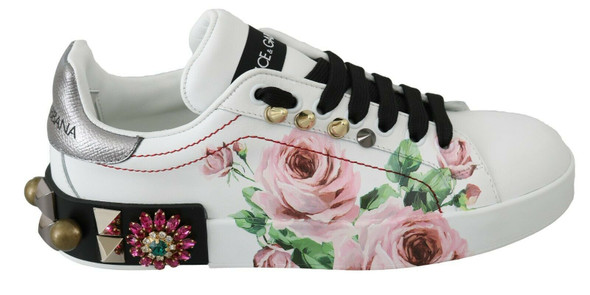 White Leather Crystal Roses Floral Sneakers Shoes White Leather Crystal Roses Floral Sneakers Shoes