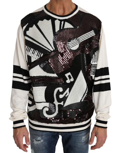 Dolce & Gabbana White Jazz Sequined Guitar Pullover Top Sweater Dolce & Gabbana White Jazz Sequined Guitar Pullover Top Sweater